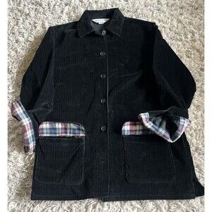 Vintage Women’s Lands End Black Corduroy Blazer Jacket With Flannel Accents